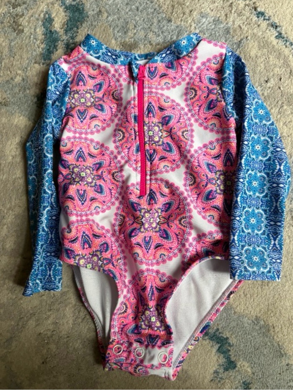 Girls' Long-Sleeve Rashguard One-Piece Bodysuit - Pink & Blue Medallion